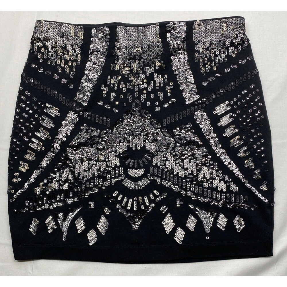 EXPRESS Skirt Medium Black Silver Sequin Geometric Bodycon Mini Night Out Party